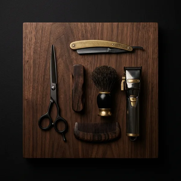 Herramientas de barbero sobre la mesa de trabajo